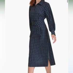 NWT Calvin Klein Windowpane Print Long Sleeve Midi Shirtdress with belt size 10